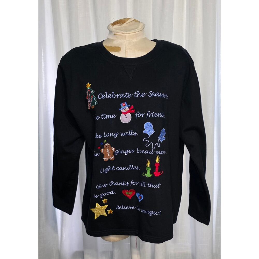 Quacker Factory‎ Christmas quote Holiday Embroidered Top Size Large